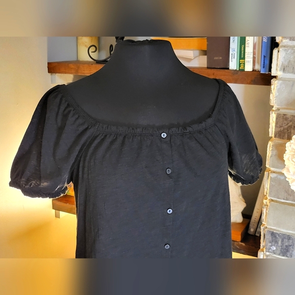 🖤 NWT - Boat Neck or Off the Shoulder, Buttons, Puff Sleeve, Black Blouse, Sz M - Picture 2 of 7